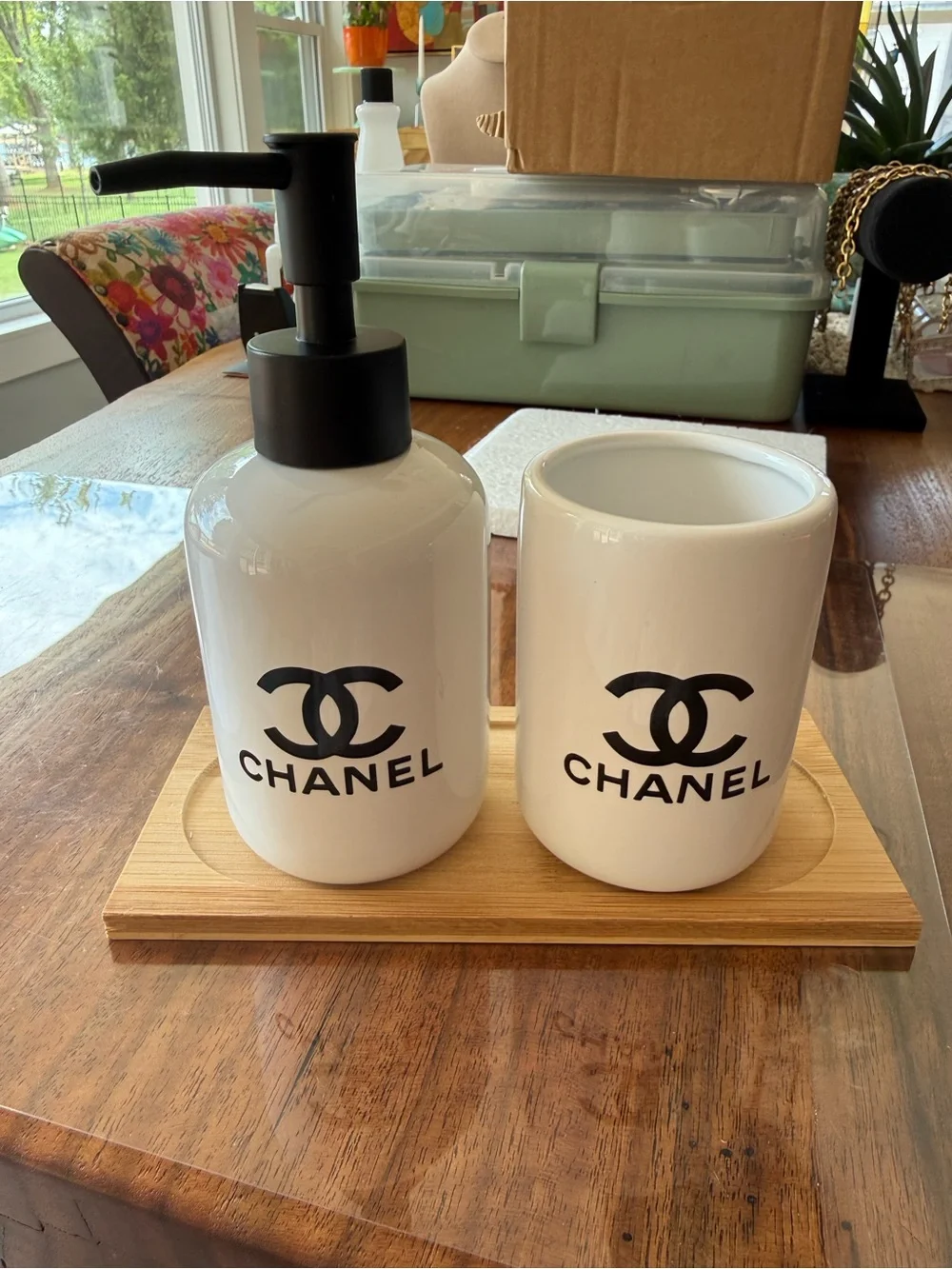 ChaneI White Ceramic Vanity Dispenser and Cup Set with Black Logo